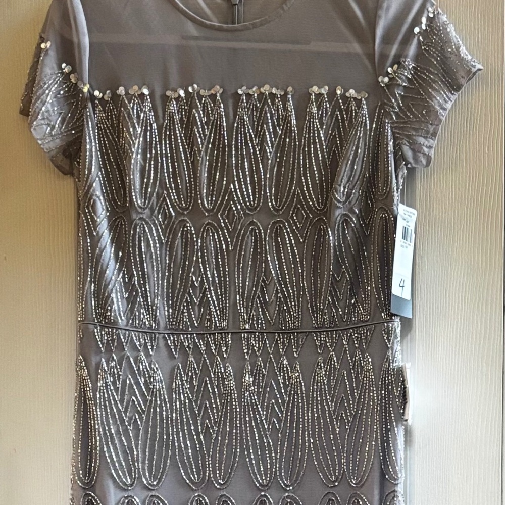 Silver beaded A-line gown by JS Collections.